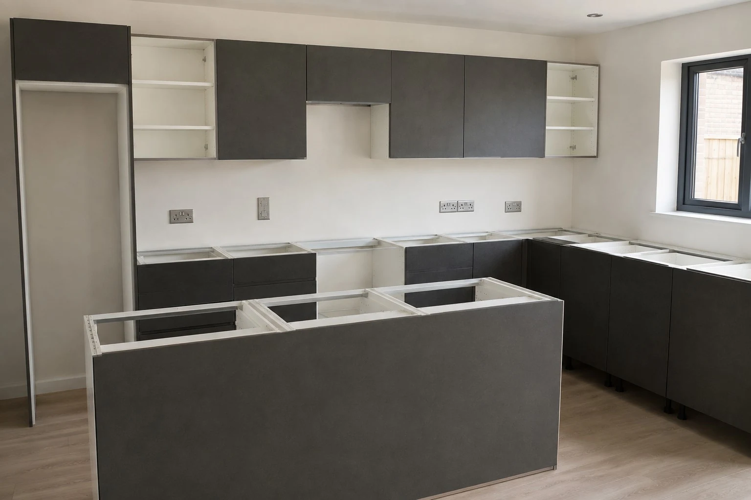 Dark grey handleless kitchen installation in progress with island, base units and wall cabinets in Dublin