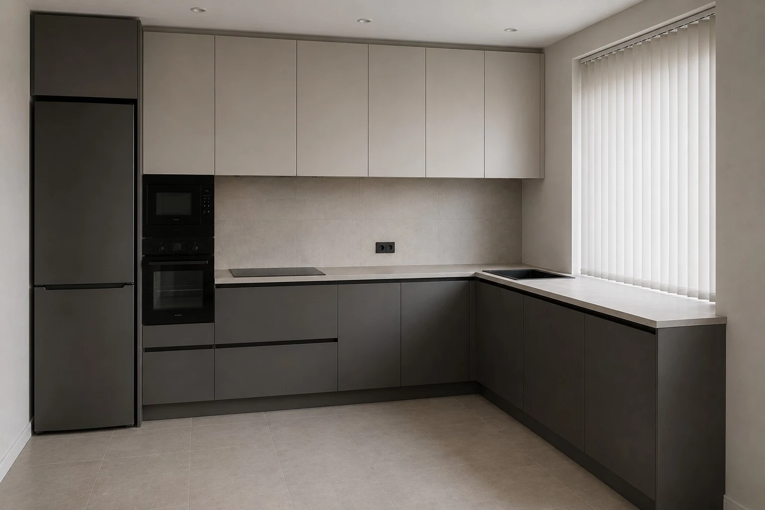 Completed modern handleless L-shaped kitchen with integrated appliances and full-height cabinetry in Dublin