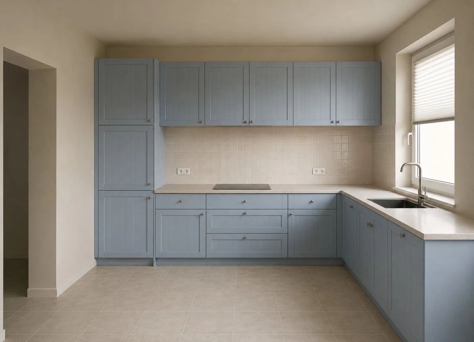 Completed light blue Shaker-style L-shaped kitchen with tall units, wall cabinets, worktop and sink area in Dublin