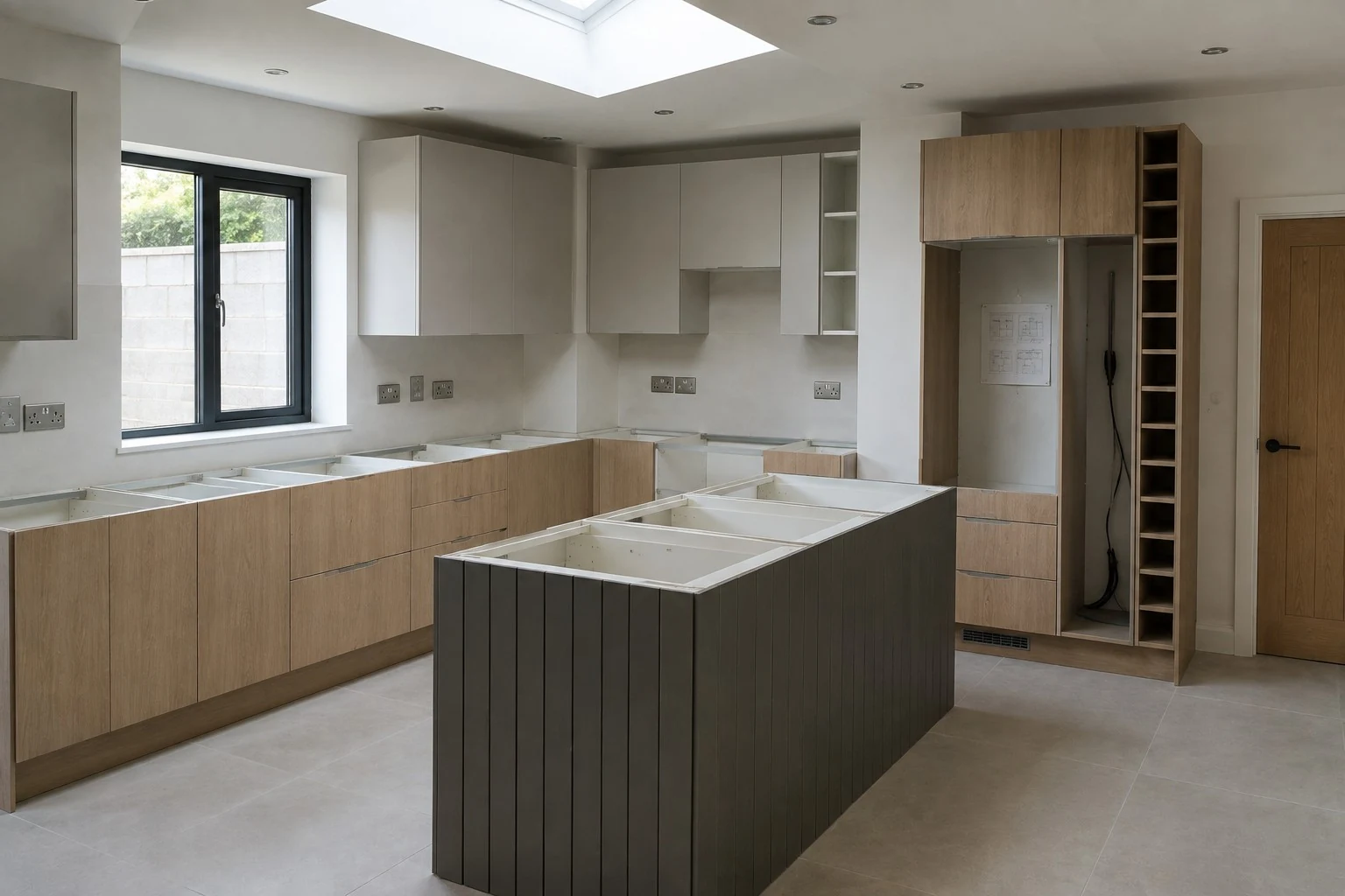 Kitchen installation in progress with island, tall appliance housings and oak-effect fronts in Dublin