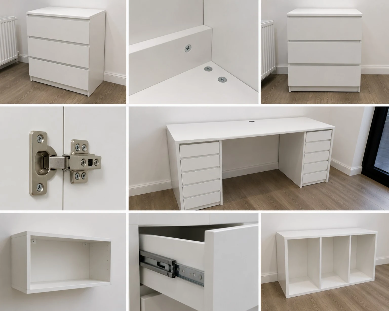 Furniture assembly details including drawers, concealed hinge, desk units, shelving and drawer runners in Dublin